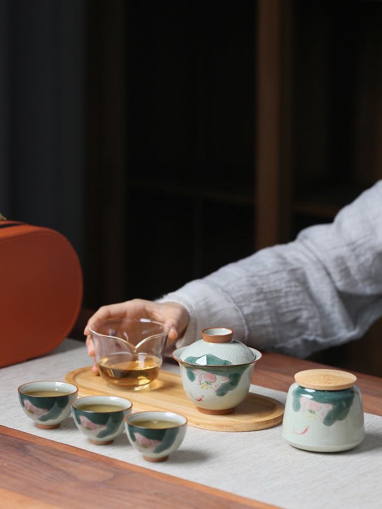 Celadon Lotus Travel Tea Set – Hand-Painted Ice Crack Glaze Porcelain, 7-Piece Portable Chinese Gongfu Teaware with Carrying Case