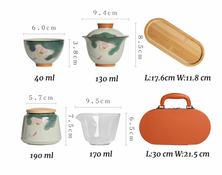 Celadon Lotus Travel Tea Set – Hand-Painted Ice Crack Glaze Porcelain, 7-Piece Portable Chinese Gongfu Teaware with Carrying Case
