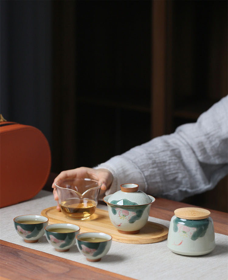 Celadon Lotus Travel Tea Set – Hand-Painted Ice Crack Glaze Porcelain, 7-Piece Portable Chinese Gongfu Teaware with Carrying Case