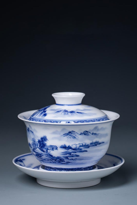 Hand-Painted Blue and White Landscape Jingdezhen Porcelain Tea Bowl - 260ml
