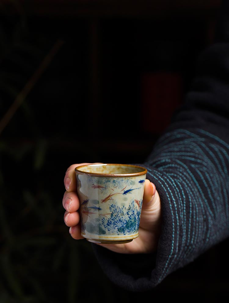 Hand-Painted Jingdezhen Porcelain Tea Cup - Blue and White Fish Under-Glazed