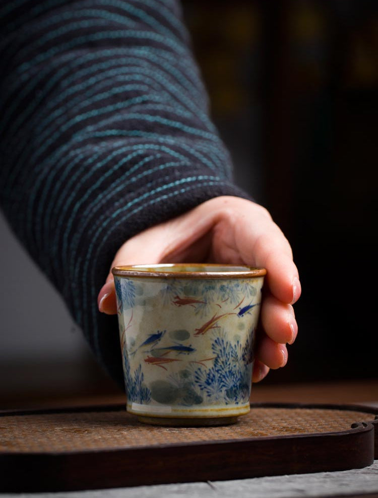 Hand-Painted Jingdezhen Porcelain Tea Cup - Blue and White Fish Under-Glazed