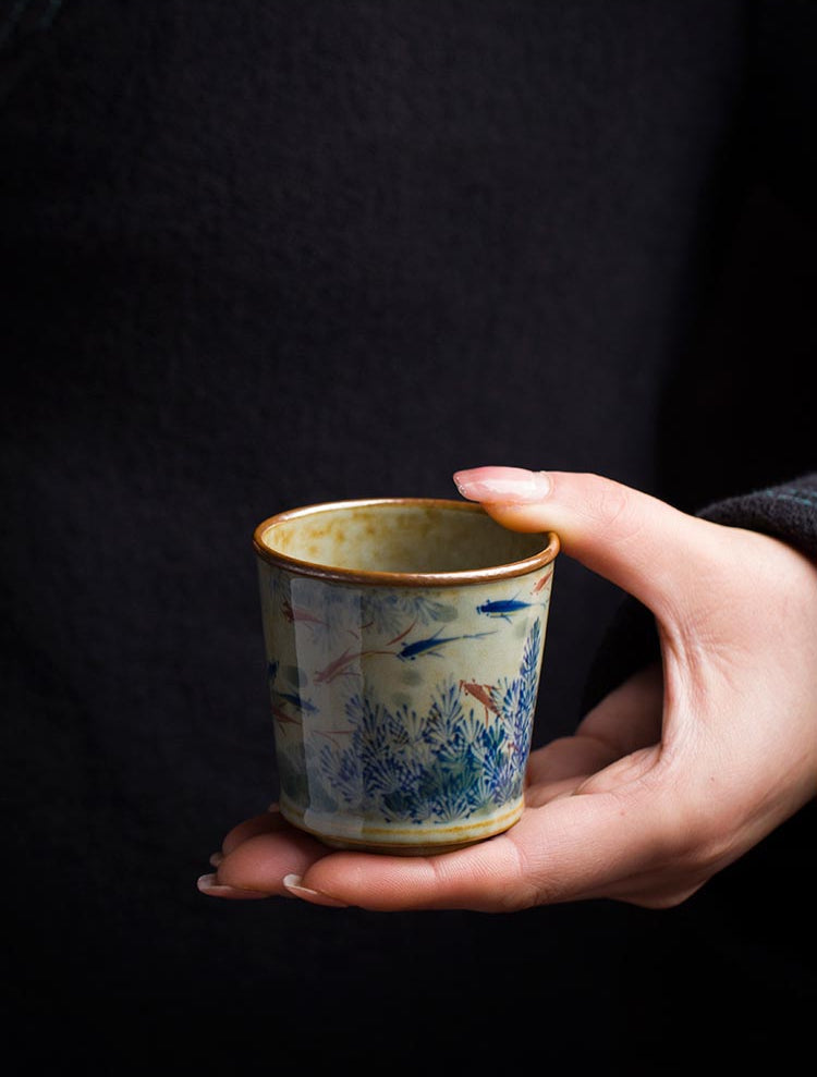 Hand-Painted Jingdezhen Porcelain Tea Cup - Blue and White Fish Under-Glazed
