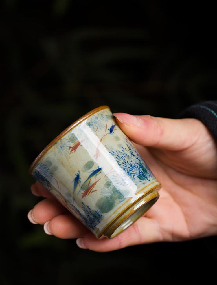 Hand-Painted Jingdezhen Porcelain Tea Cup - Blue and White Fish Under-Glazed