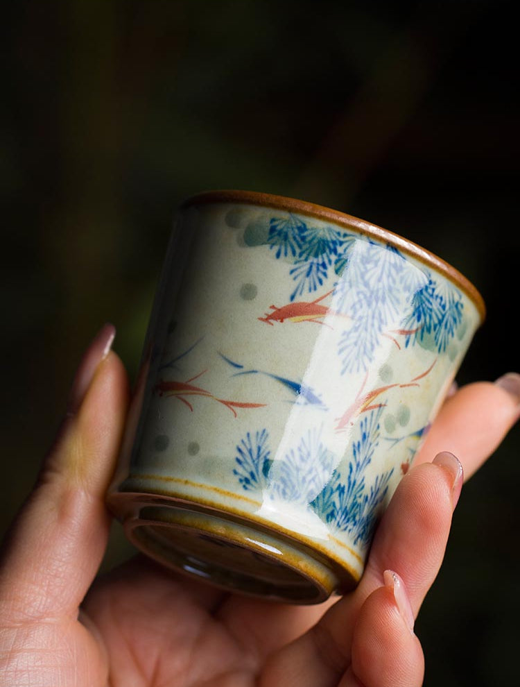 Hand-Painted Jingdezhen Porcelain Tea Cup - Blue and White Fish Under-Glazed