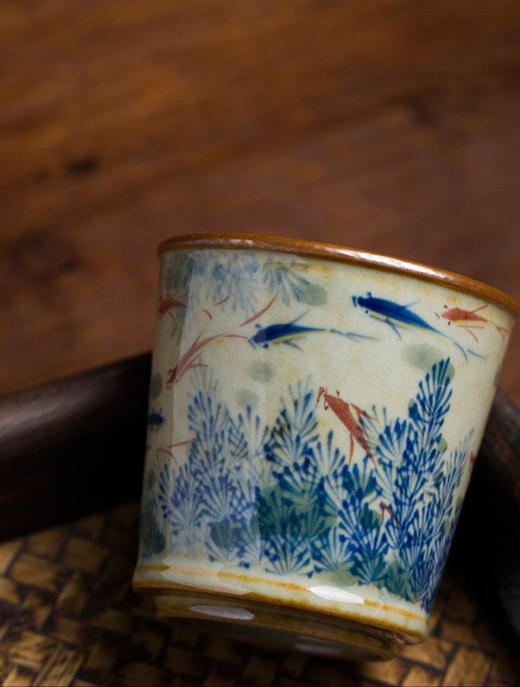 Hand-Painted Jingdezhen Porcelain Tea Cup - Blue and White Fish Under-Glazed