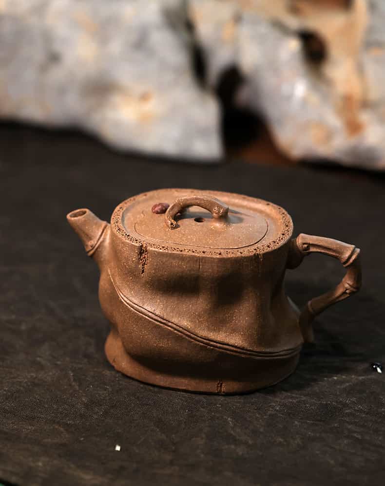 Handcrafted Bamboo Segment Zisha Teapot – Natural Huanglong Mountain Old Zisha Clay 120cc