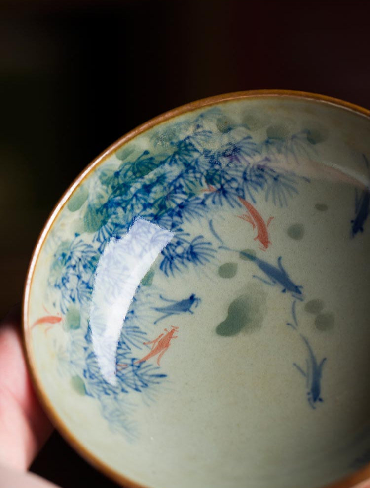 Handcrafted Jingdezhen Porcelain Tea Cup - Fish Play Design