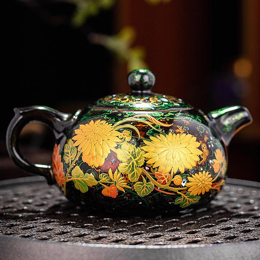 Handcrafted Lacquer Zisha Teapot with Kintsugi-Inspired Golden Chrysanthemum Design