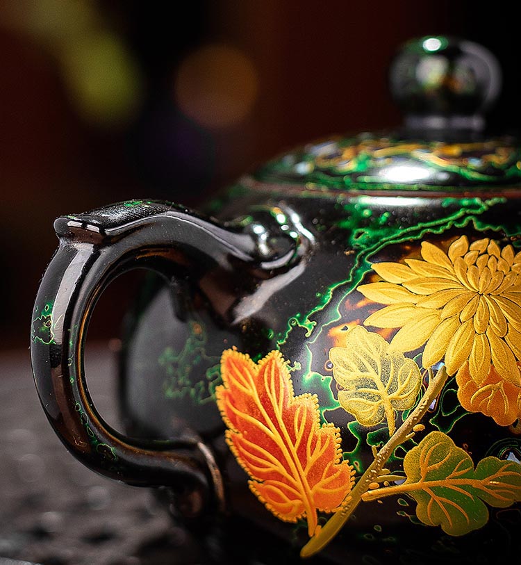 Handcrafted Lacquer Zisha Teapot with Kintsugi-Inspired Golden Chrysanthemum Design