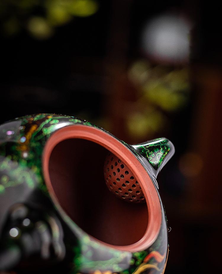 Handcrafted Lacquer Zisha Teapot with Kintsugi-Inspired Golden Chrysanthemum Design