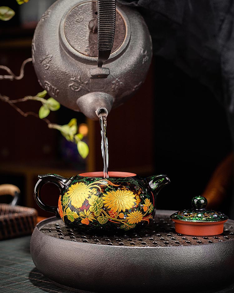 Handcrafted Lacquer Zisha Teapot with Kintsugi-Inspired Golden Chrysanthemum Design
