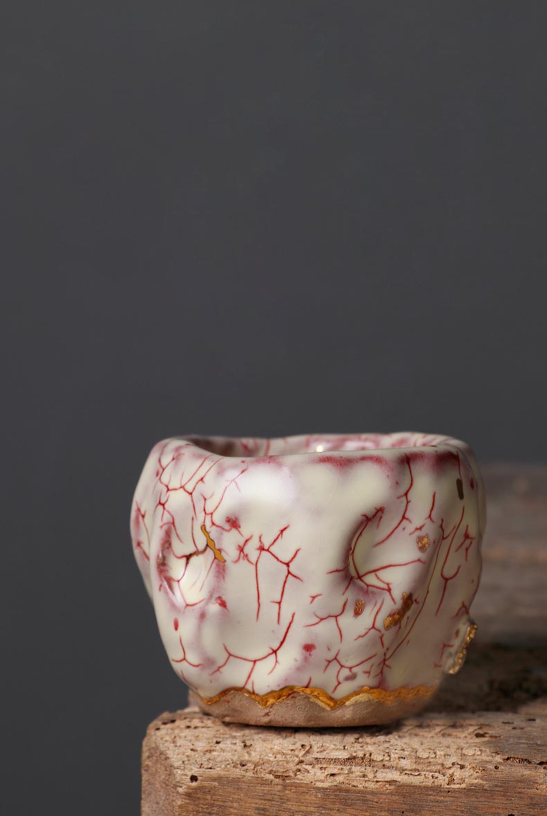 Handcrafted Shino Burnished Gold Crab Claw Tea Cup with Traditional Taiwanese Clay