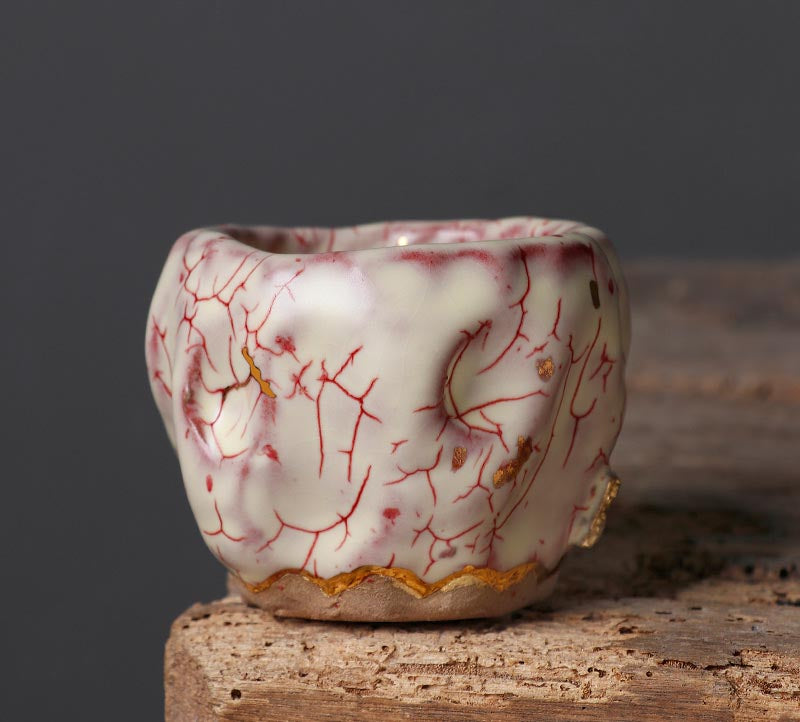 Handcrafted Shino Burnished Gold Crab Claw Tea Cup with Traditional Taiwanese Clay