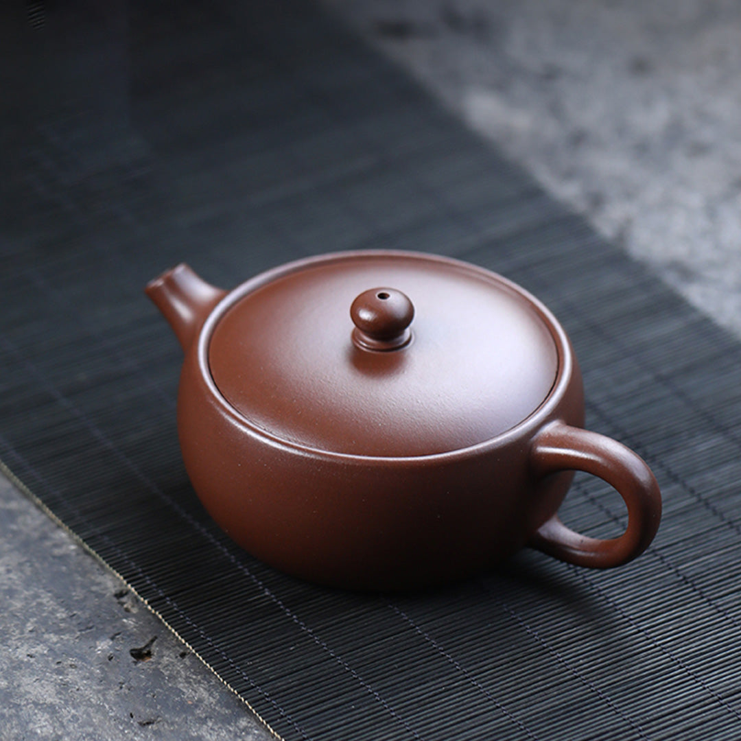Handcrafted Yixing Zisha Flat Teapot – 170cc, Genuine Original Ore Purple Clay, Elegant and Functional