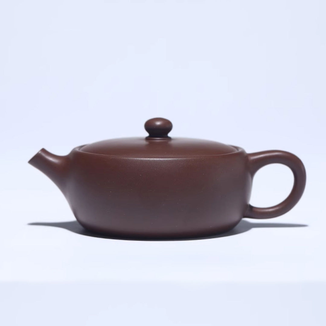 Handcrafted Yixing Zisha Flat Teapot – 170cc, Genuine Original Ore Purple Clay, Elegant and Functional