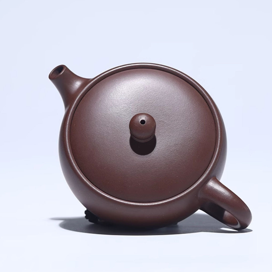 Handcrafted Yixing Zisha Flat Teapot – 170cc, Genuine Original Ore Purple Clay, Elegant and Functional