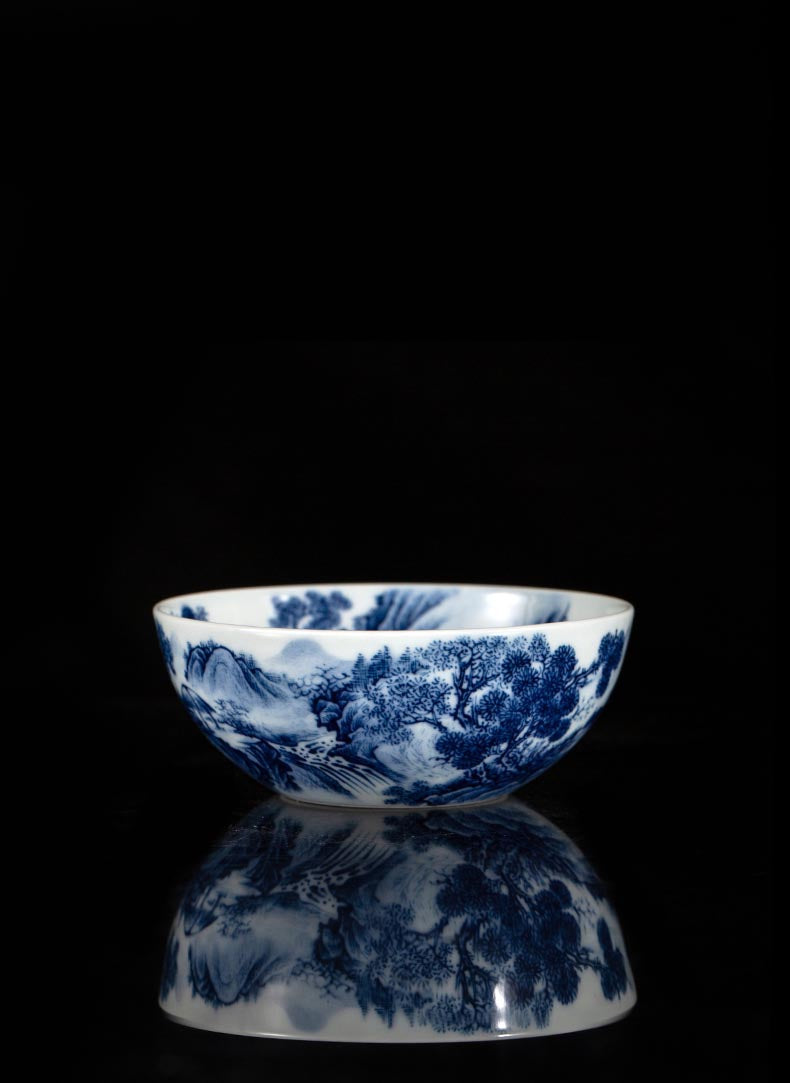 Handcrafted 'Gazing Over the River' Blue and White Porcelain Cup from Jingdezhen
