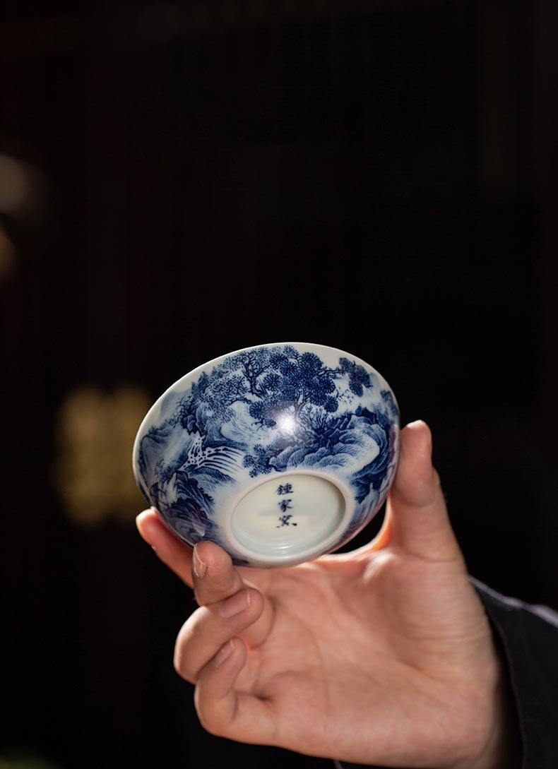 Handcrafted 'Gazing Over the River' Blue and White Porcelain Cup from Jingdezhen