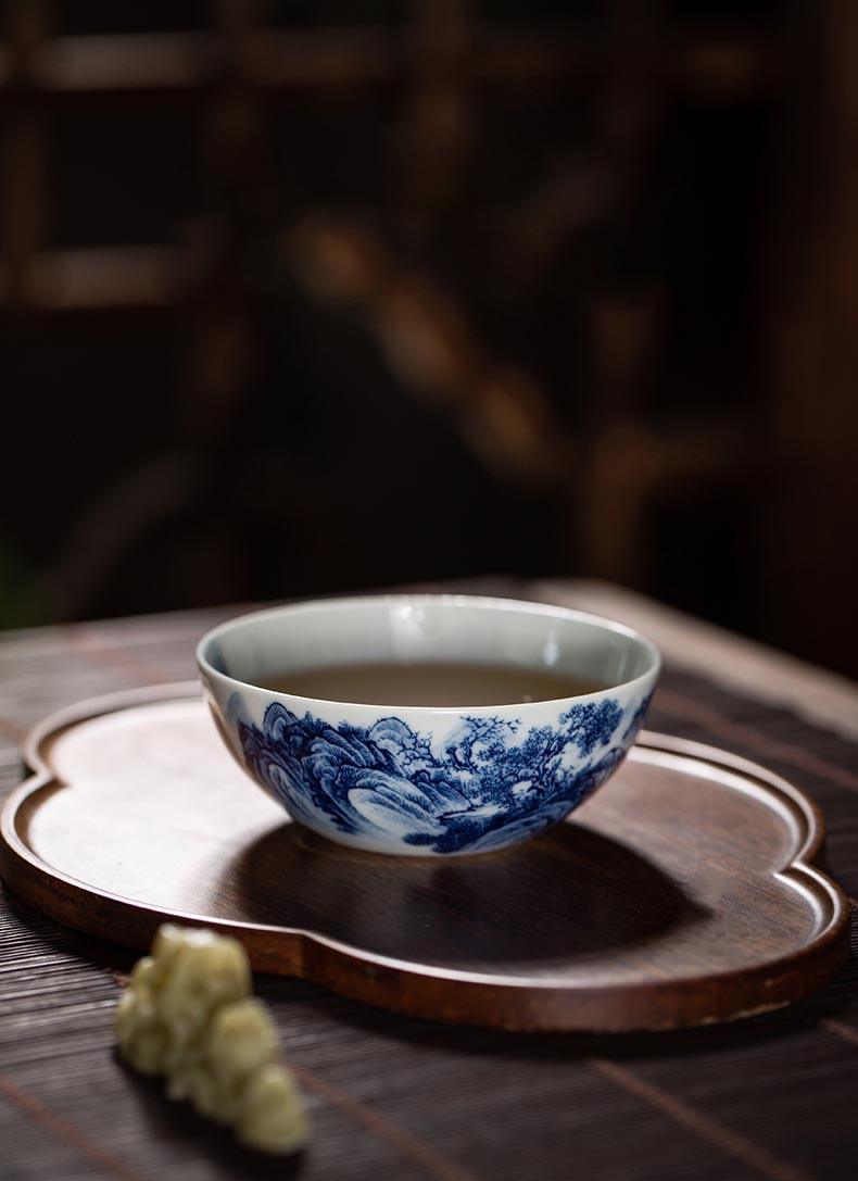 Handcrafted 'Gazing Over the River' Blue and White Porcelain Cup from Jingdezhen