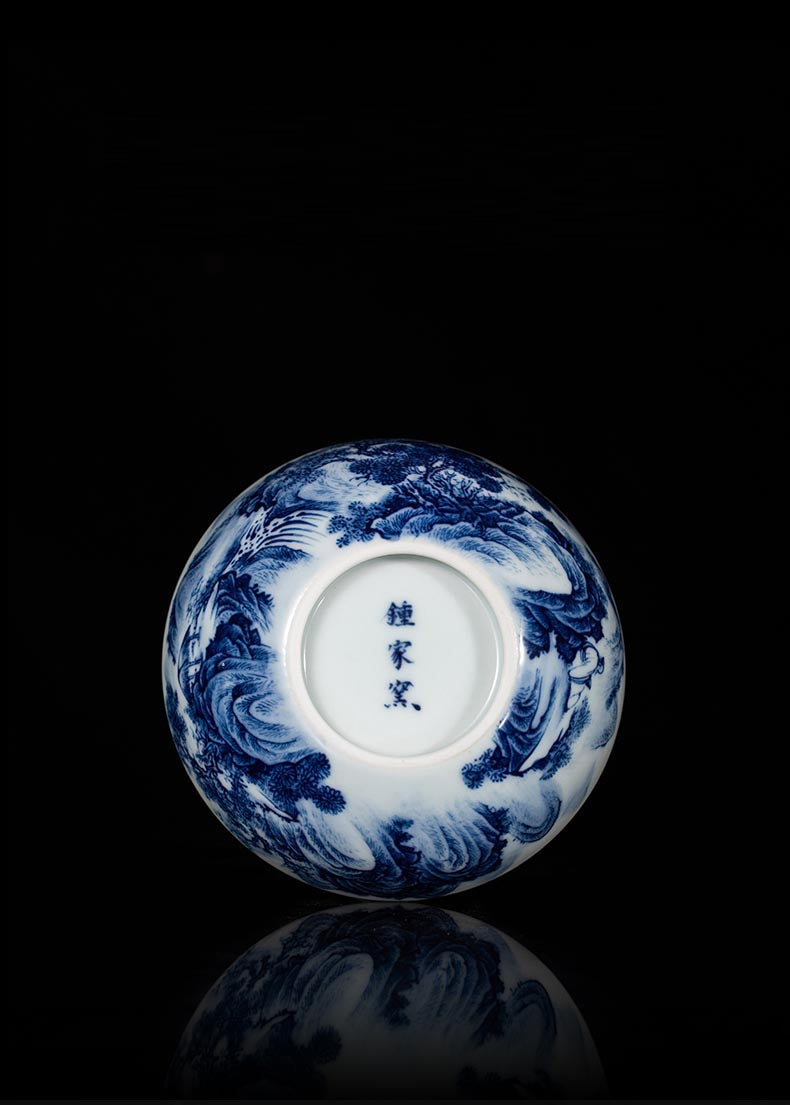 Handcrafted 'Gazing Over the River' Blue and White Porcelain Cup from Jingdezhen