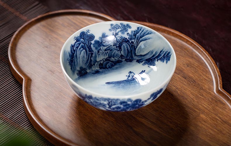 Handcrafted 'Gazing Over the River' Blue and White Porcelain Cup from Jingdezhen