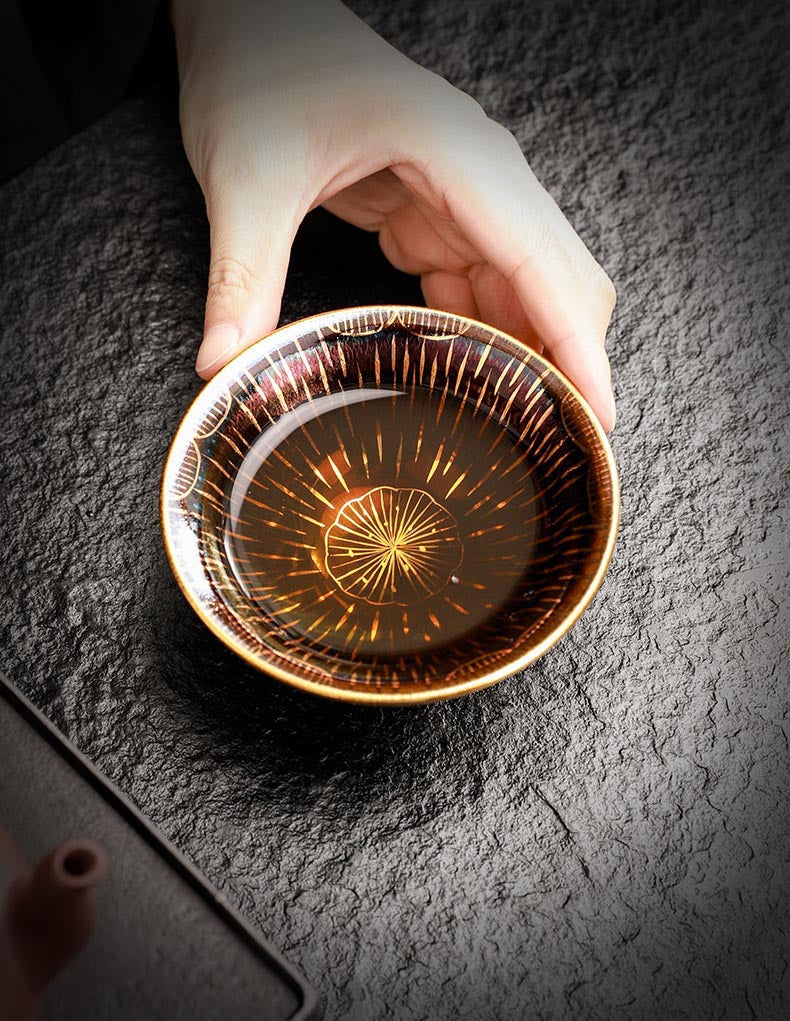 Handcrafted Jian Zhan Gilded Tea Cup – Unique Rain Lotus Design