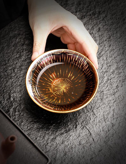 Handcrafted Jian Zhan Gilded Tea Cup – Unique Rain Lotus Design