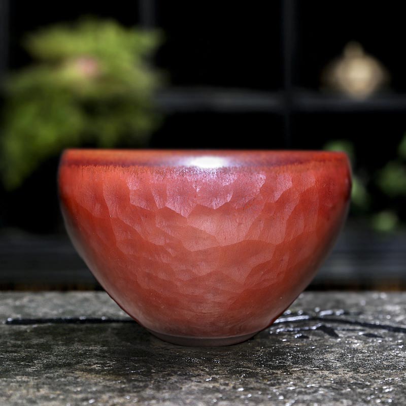 Echoes of Antiquity – Handcrafted Persimmon-Red Hammered Teacup in Song Dynasty Style
