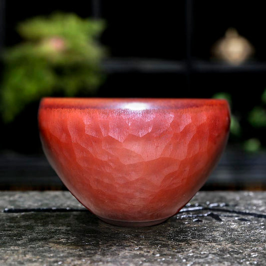 Echoes of Antiquity – Handcrafted Persimmon-Red Hammered Teacup in Song Dynasty Style