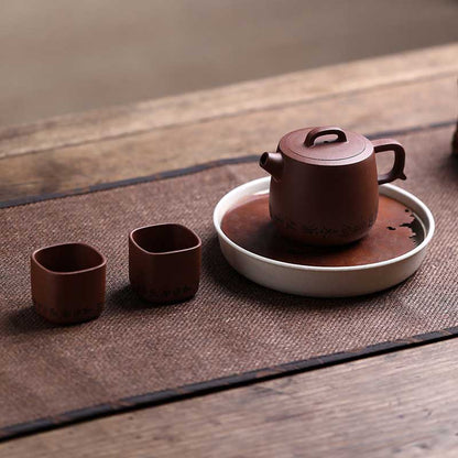 Yixing Handmade Zisha Teapot Set – Calligraphy-Engraved Round Pot with 2 Cups